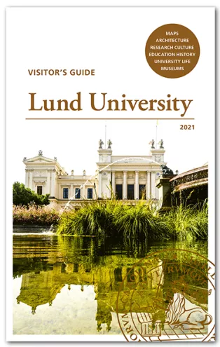 Cover image for Lund University's visitor guide, depicting the University Building in Lund with a fountain in the foreground.