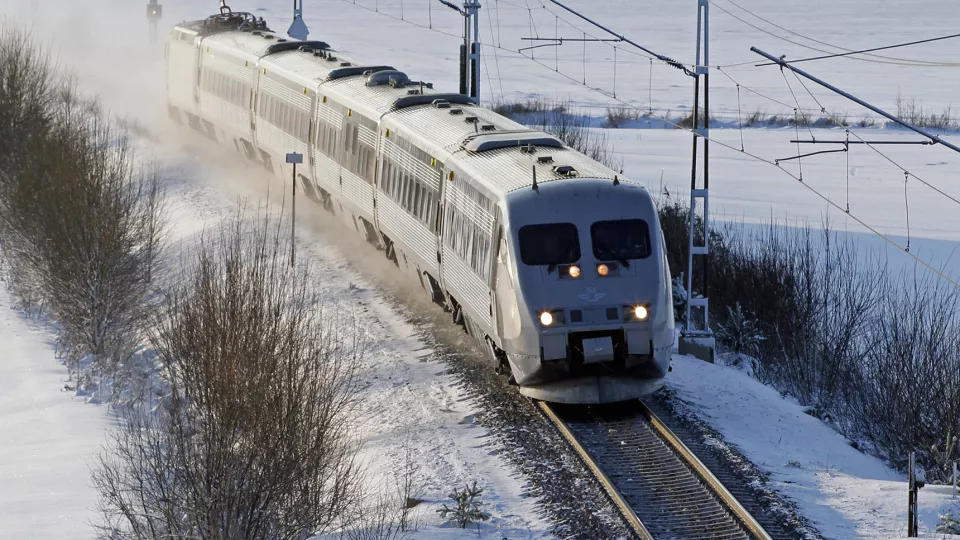 Train in a winter landscape. Photo.