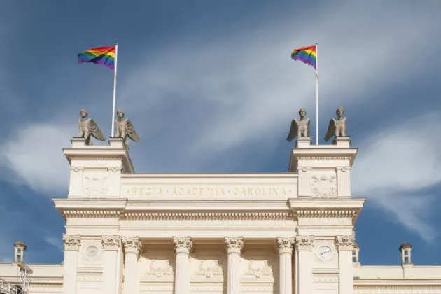 The university building with rainbow-flag.