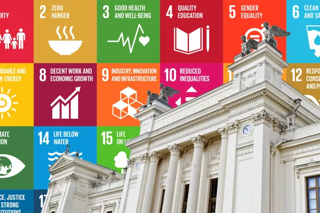 The SDG Goals with the university building in front.