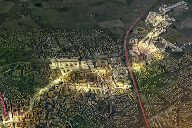 Flygbild över ett upplyst område i nordöstra Lund.