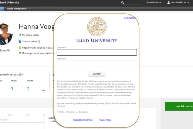 The login box for LUCRIS with the landing page in the background.
