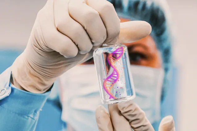 Image with a doctor holding a vial with colorful dna inside.