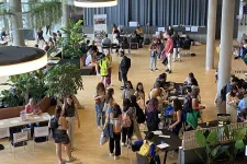 Newly arrived international students at the information center.