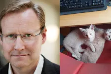 Jörgen Hettne, and his cats Bill & Bull, occupying his chair in Lund while he is in Luxemburg