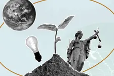 A globe, a light bulb, a sapling and a women holding scales within a circle. A picture.