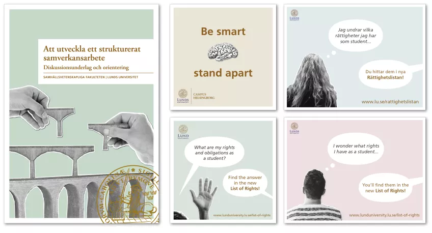 Examples of how the style is used in printed material and social media.