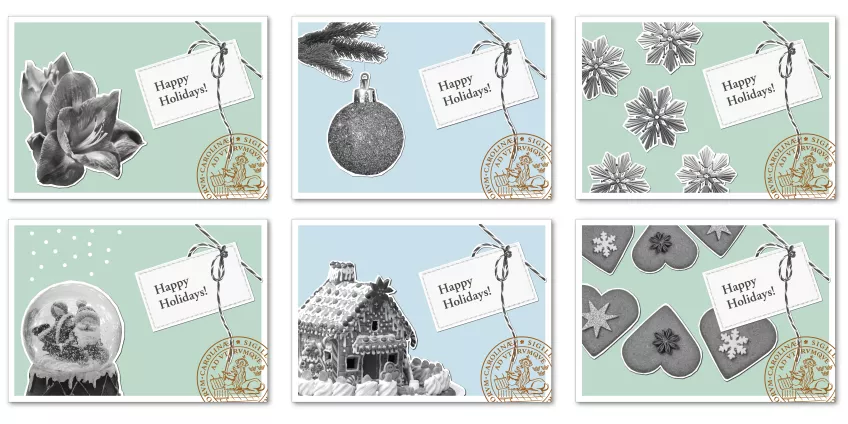Examples of how the style is used in Christmas cards.
