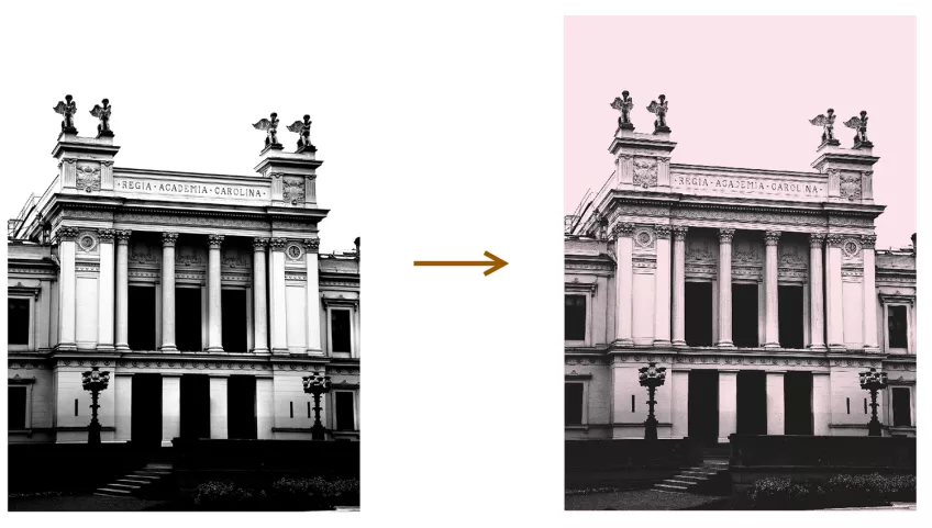Image showing a graphic building with and without a coloured background.
