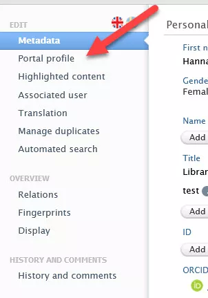 Find Portal profile in LUCRIS (image).
