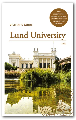 Cover image for Lund University's visitor guide, depicting the University Building in Lund with a fountain in the foreground.